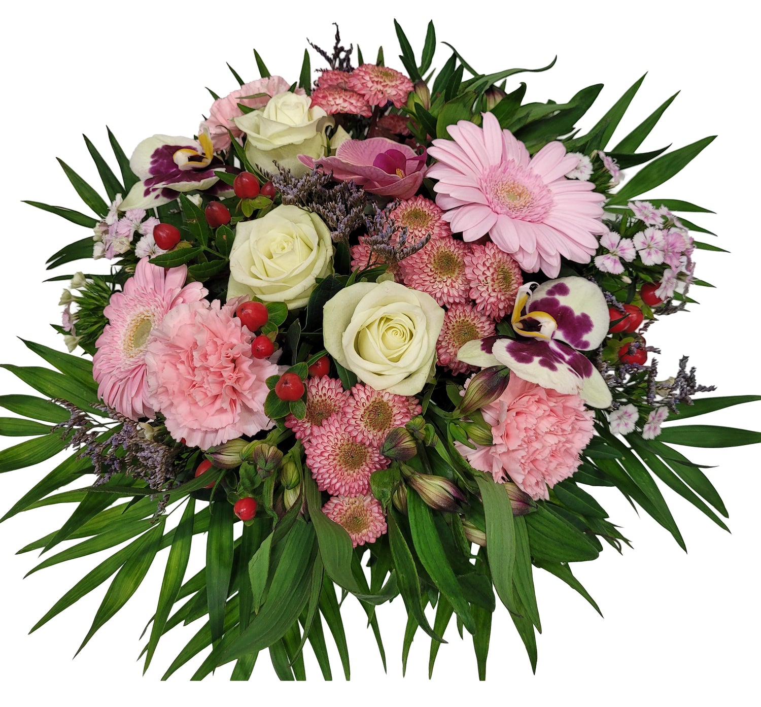 Blumenstrauß mit Vase und Geschenk