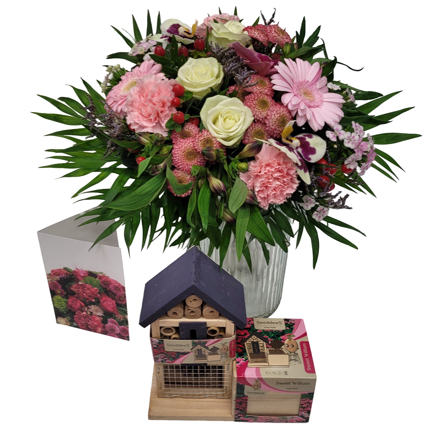 Blumenstrauß mit Vase und Geschenk