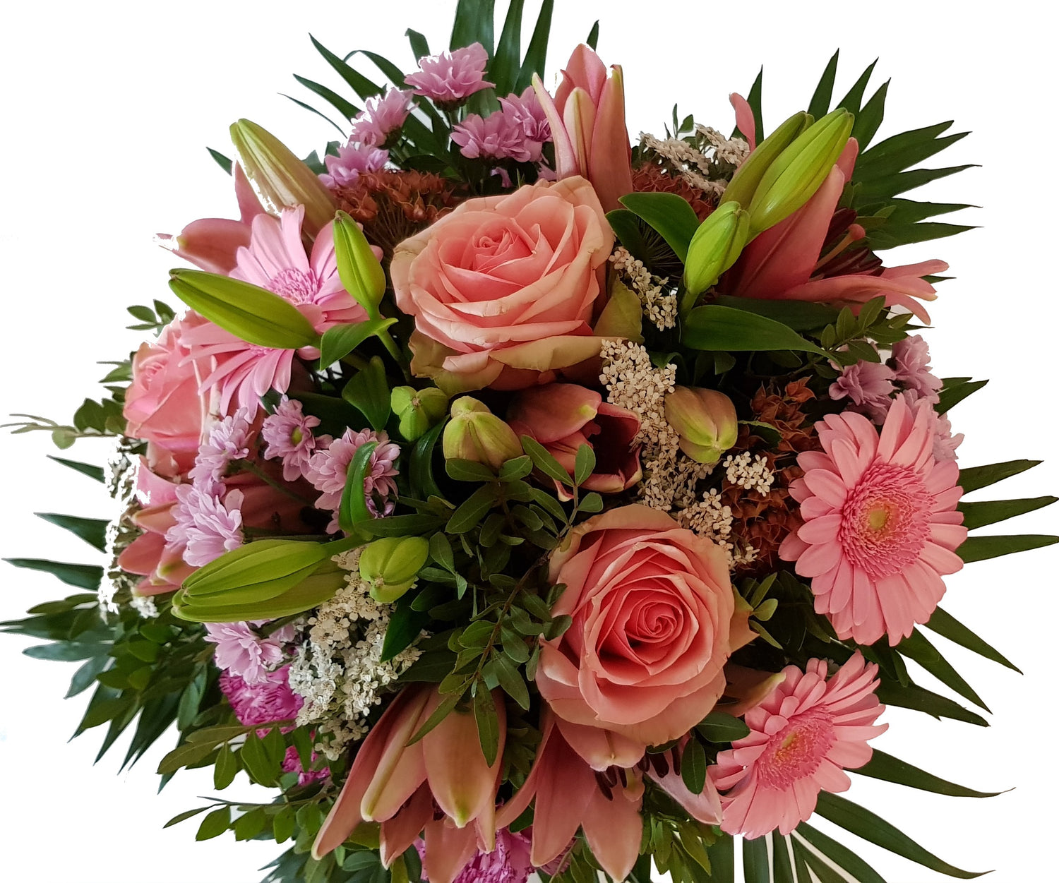 ,,Blumensinfonie,, ist ein frischer Blumenstrauß in rosa mit weißen Akzenten