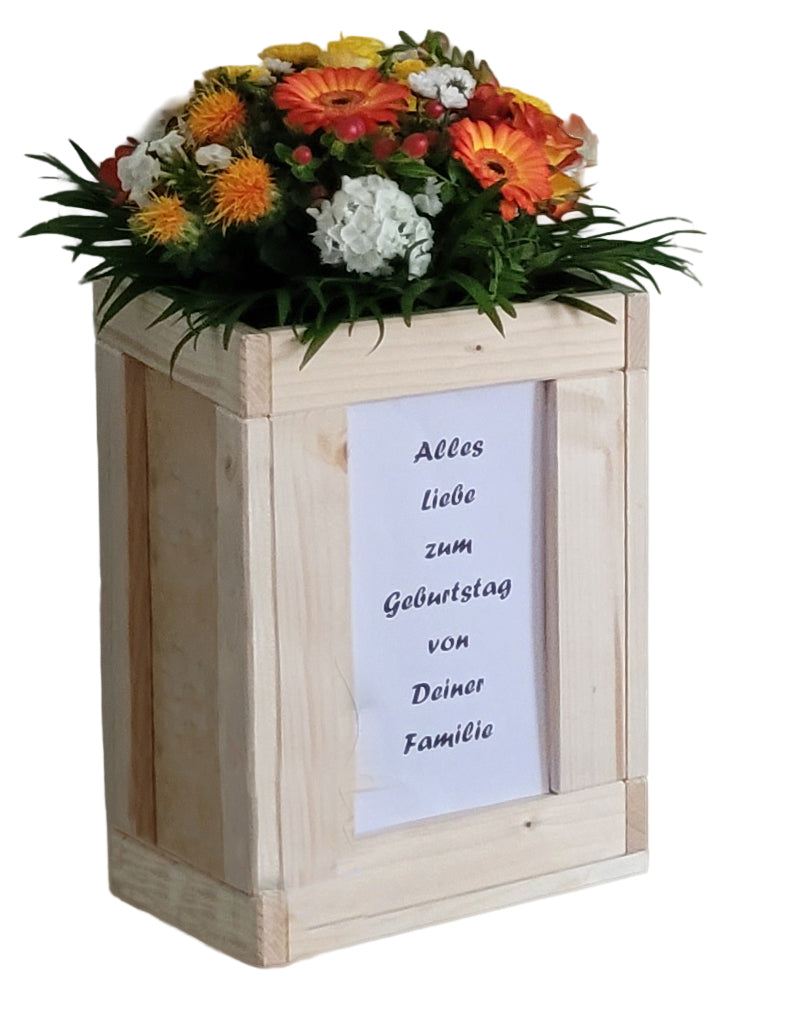 Blumenstrauß in Holz Kiste zum wiederverwenden - Geschenkerlebnis - mit WOW-Effekt