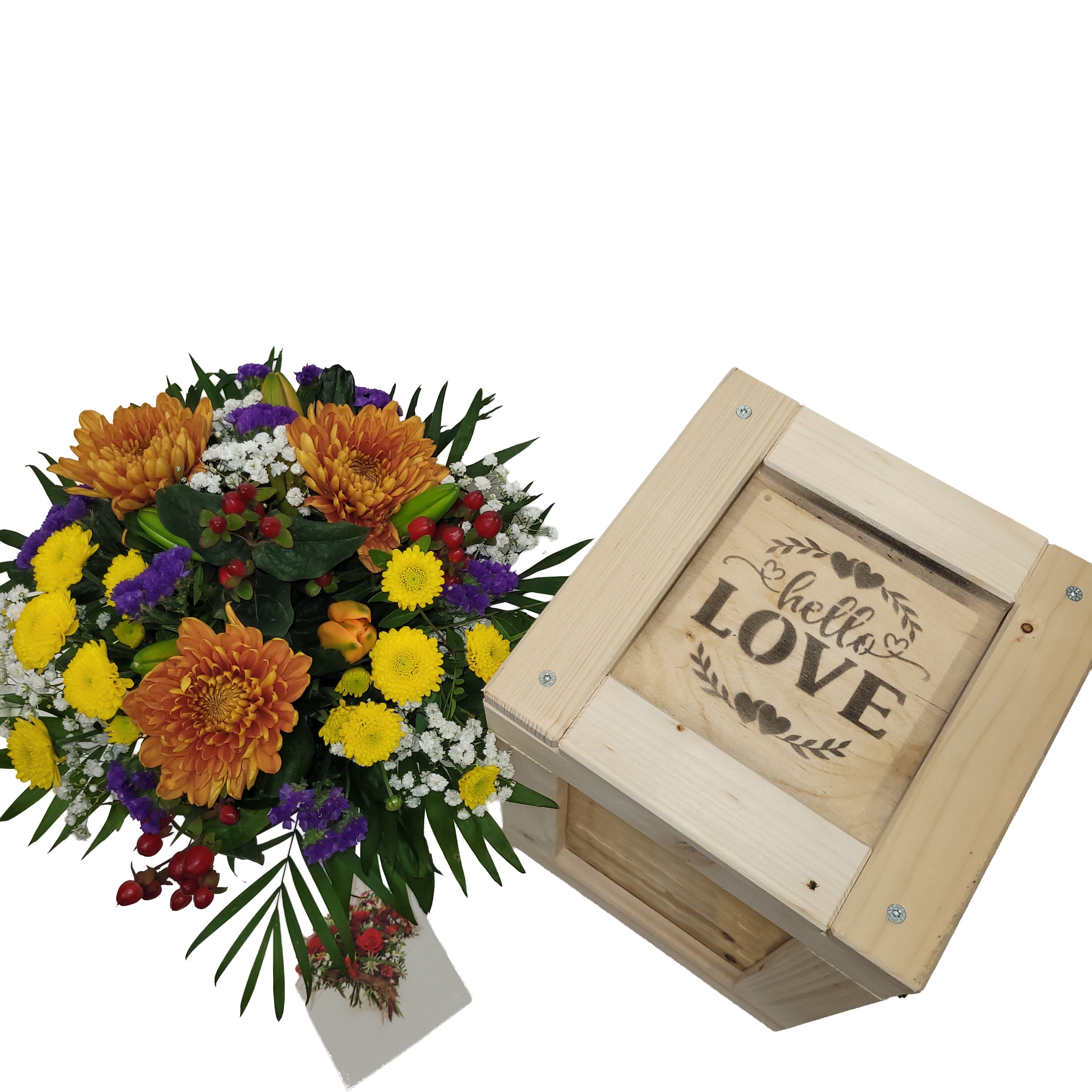 Blumenstrauß in Holzkiste mit Erlebnisfaktor