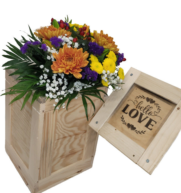 Blumenstrauß in Holzkiste mit Erlebnisfaktor