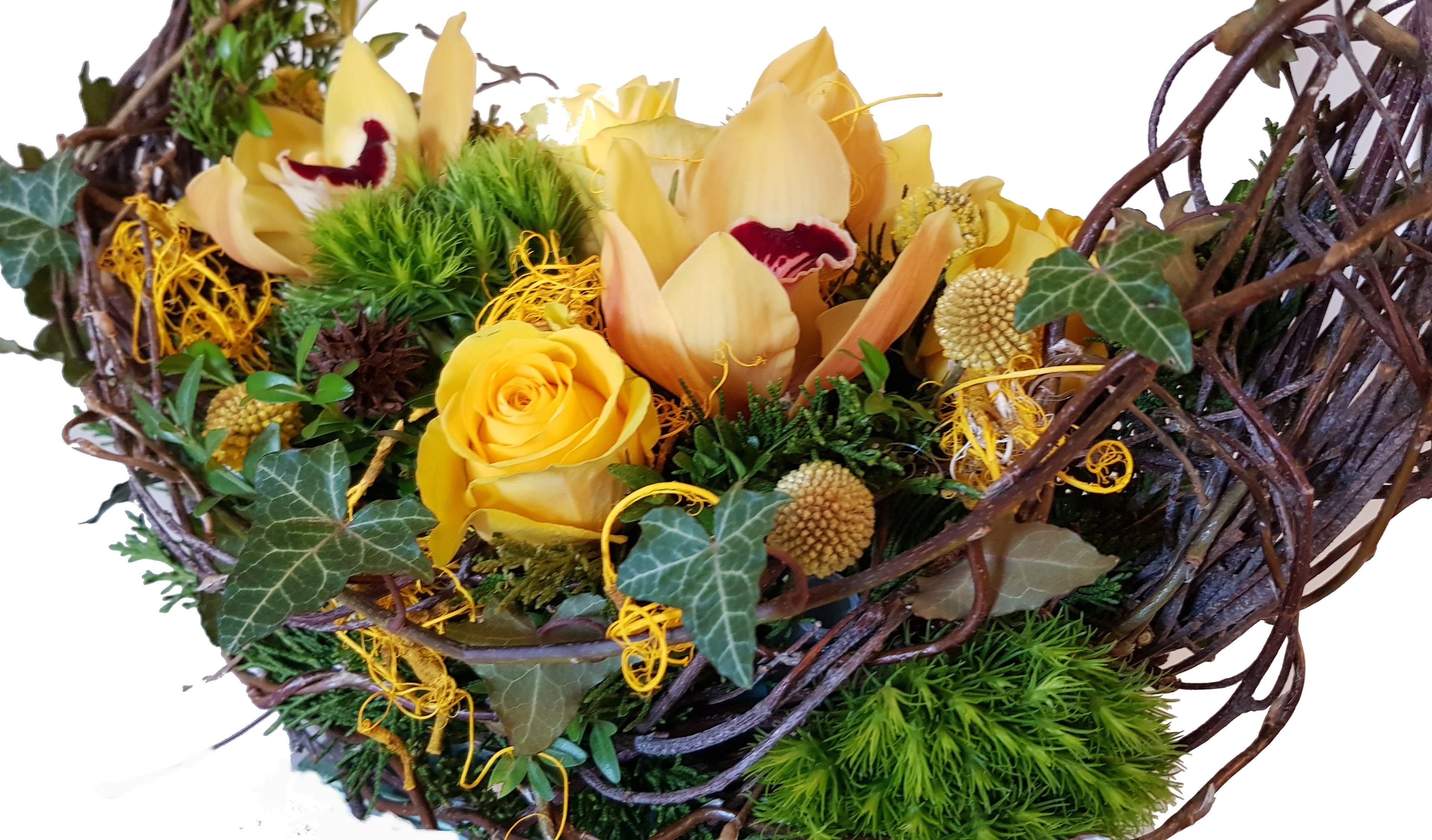 Echte Blumen - zum Sterbetag, Bestattung, Trauerfeier in Gelb mit Orchiedeen und Rosen