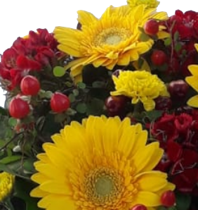 Echte Blumen zur Bestattung - besonderes Trauergesteck in Form eines Würfel in Gelb und Rot mit Gerbera