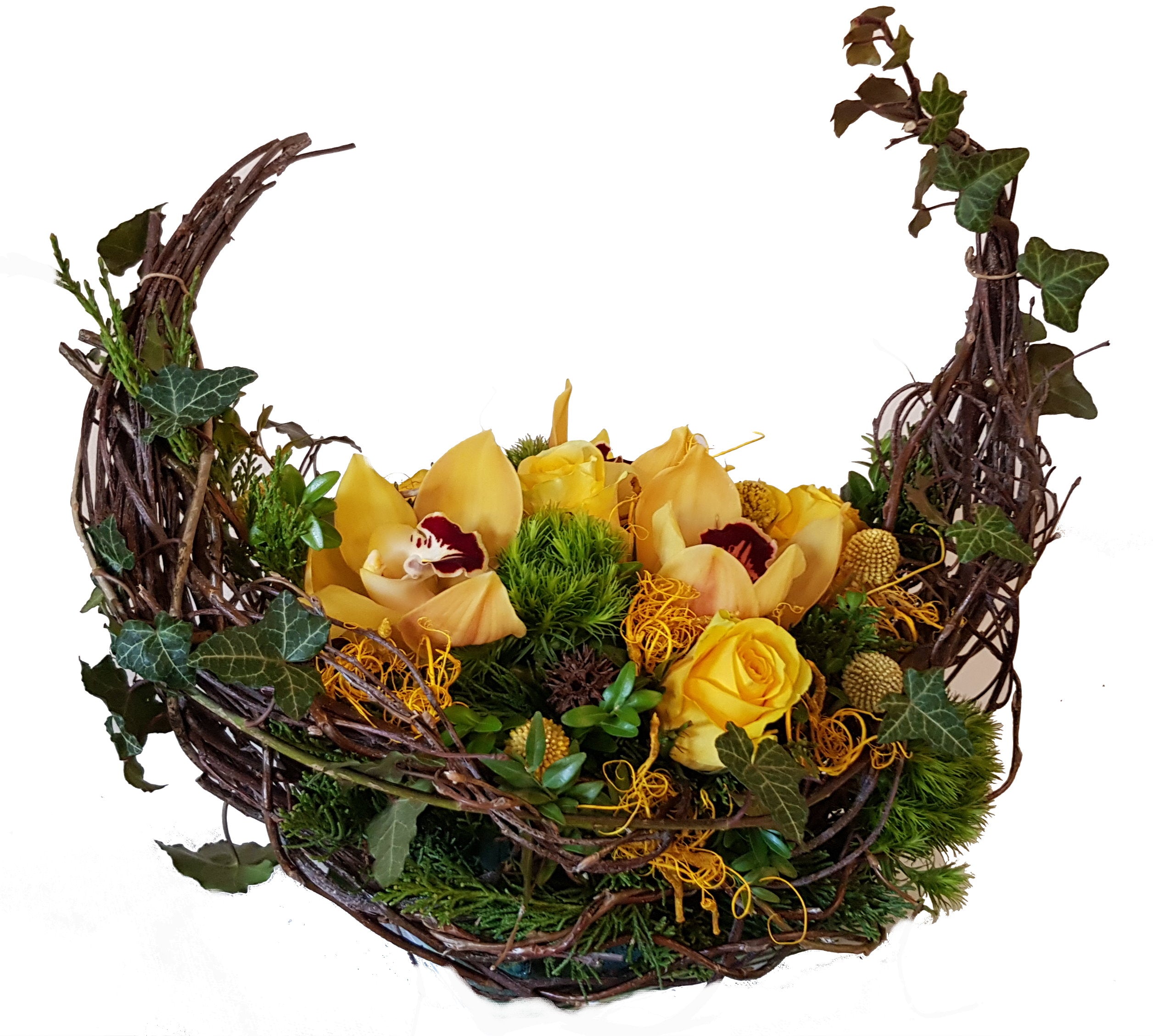 Modernes Grabgesteck zur Bestattung in Gelb mit Rosen und Orchiedeen