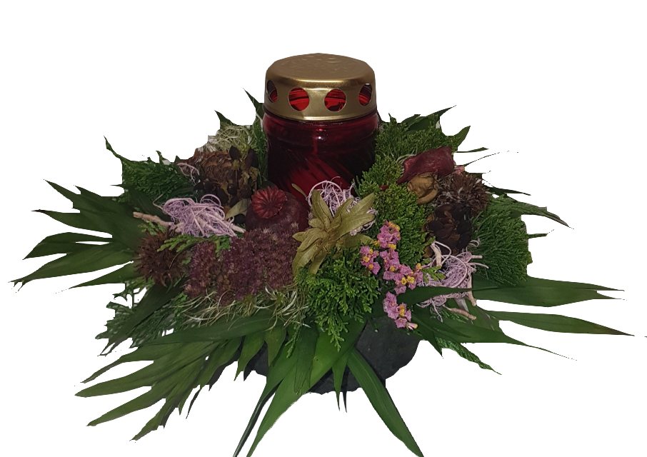 Gesteck mit Grablicht aus Glas