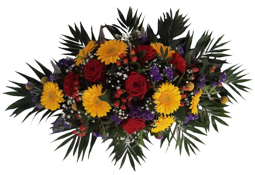Gesteck frische Blumen zur Beerdigung für Mann mit roten Rosen und gelben Gerberas