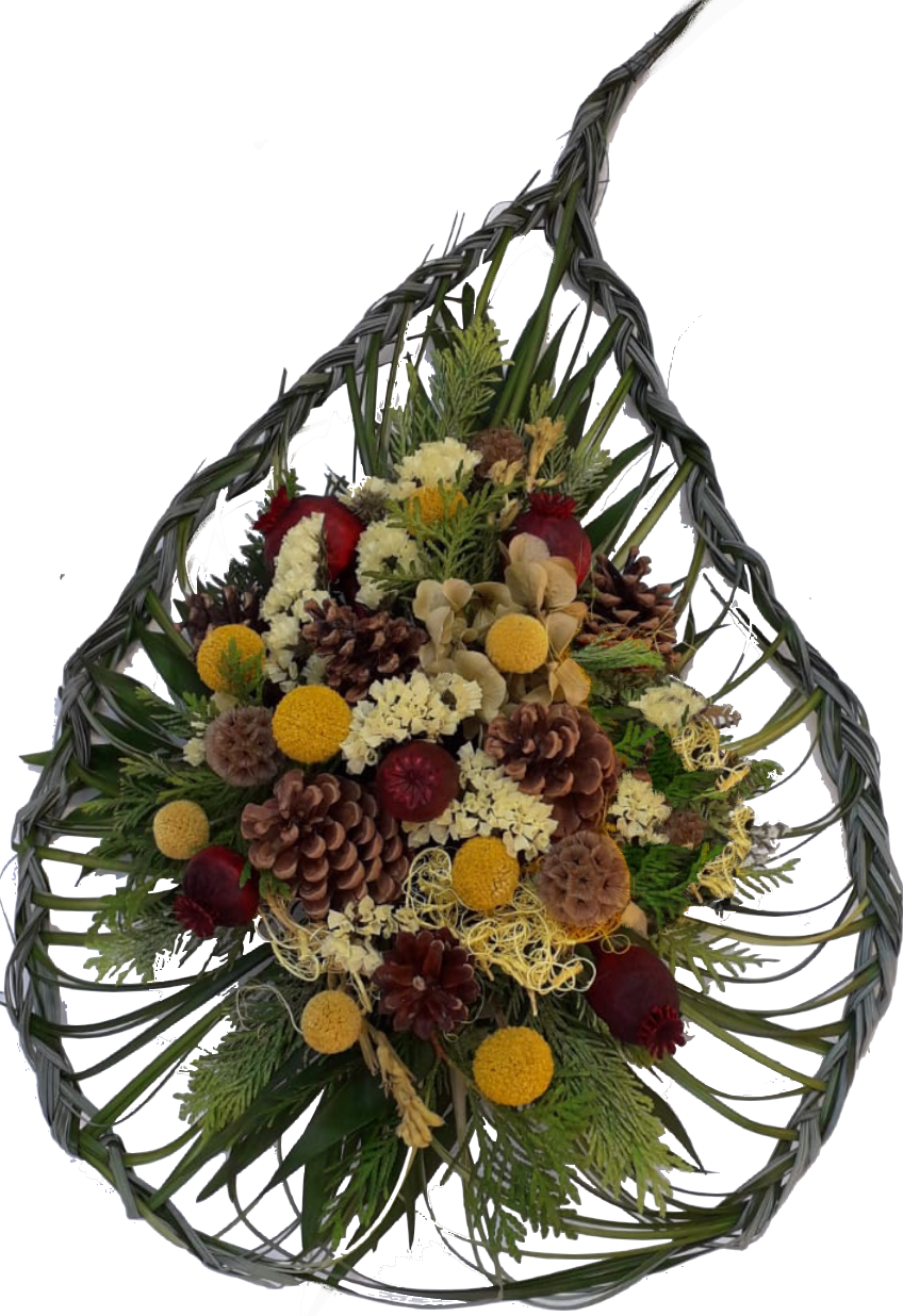 Grabgesteck besondere Fom - modernes Trauergesteck für Grab in Gelb, Rot, Natur