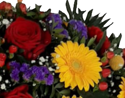 Trauergesteck für Mann mit frischen Blumen - rote Rosen, Gelbe Gerbera, blaue Statice