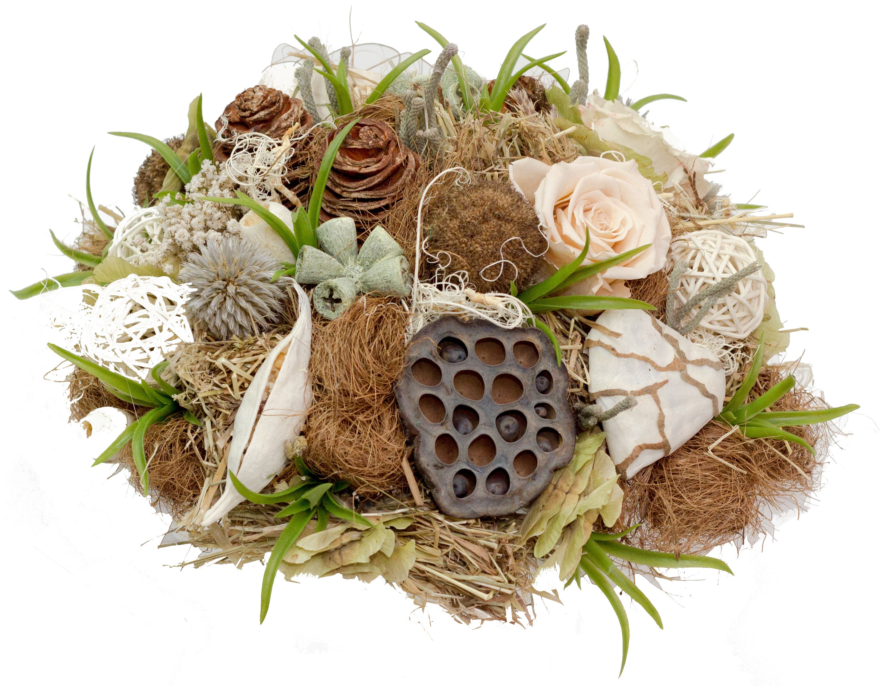 Trockenstrauß Natur in weiß creme mit gefriergetrockneten Rosen und Trockenblumen – Rosenrot Flora Trans