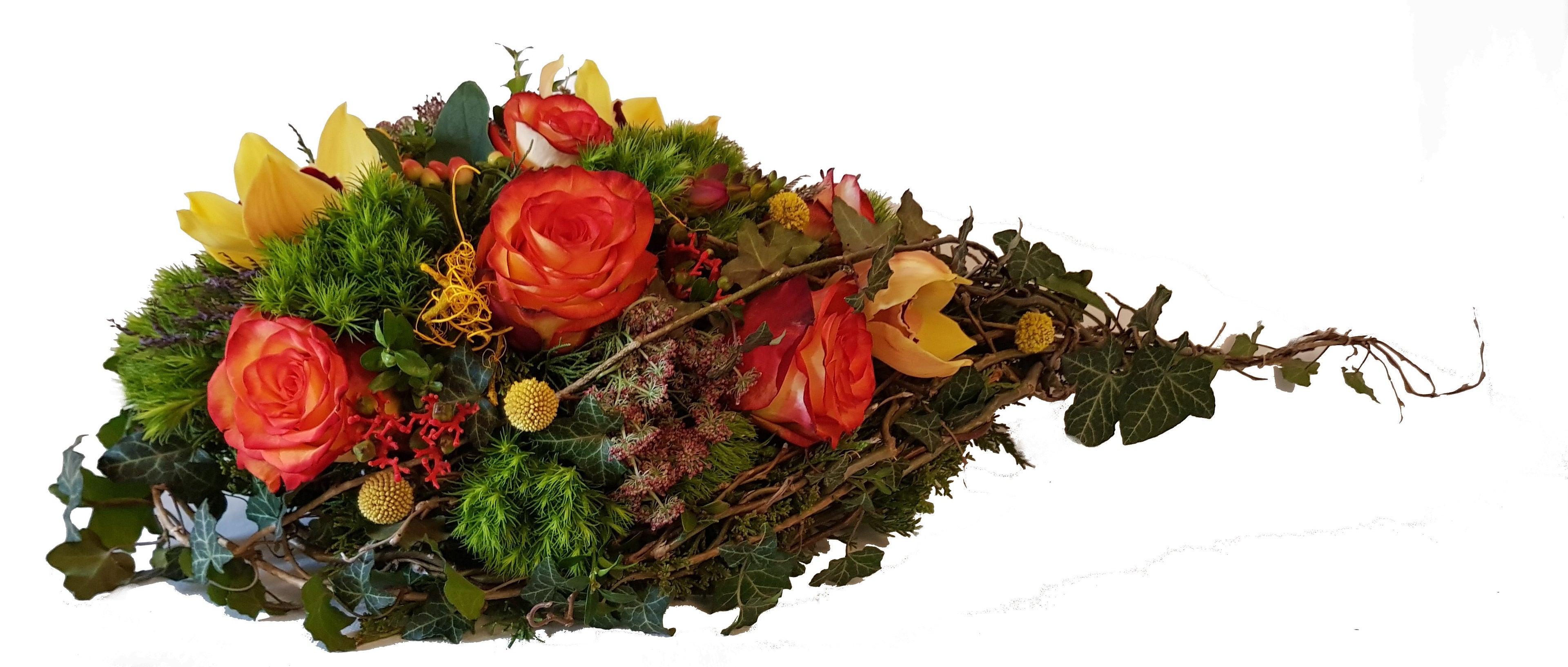 Trauergesteck in Gelb Orange - Form Tropfen mit Rosen und Orchiedeen