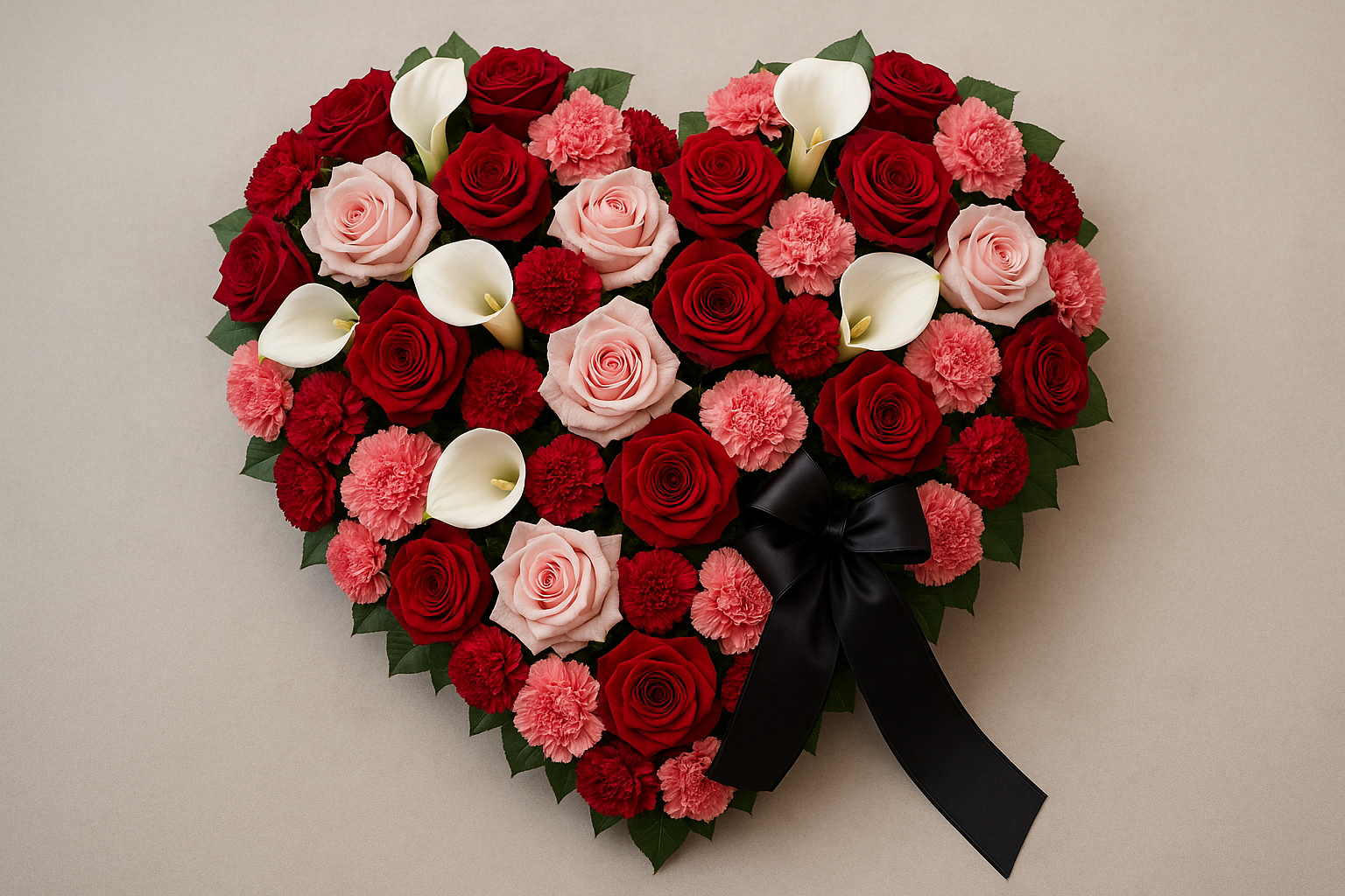 Trauerherz in Rot mit Rosen und Calla