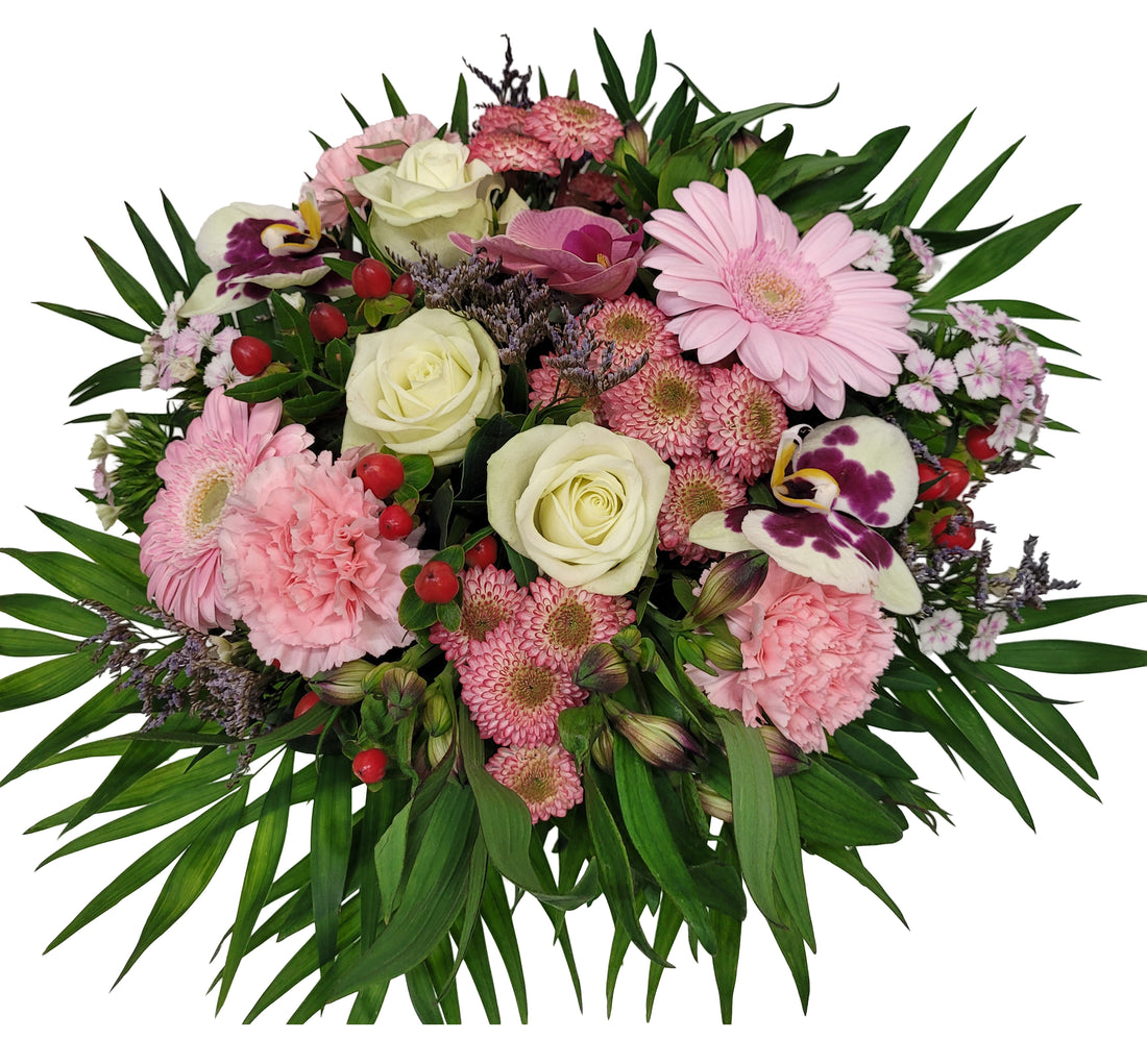 Blumenstrauß mit Vase und Geschenk