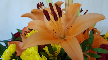 Lilien salomon&lt; Rosen Red Naomie und Chrysanthemen frischer Blumenstrauß 