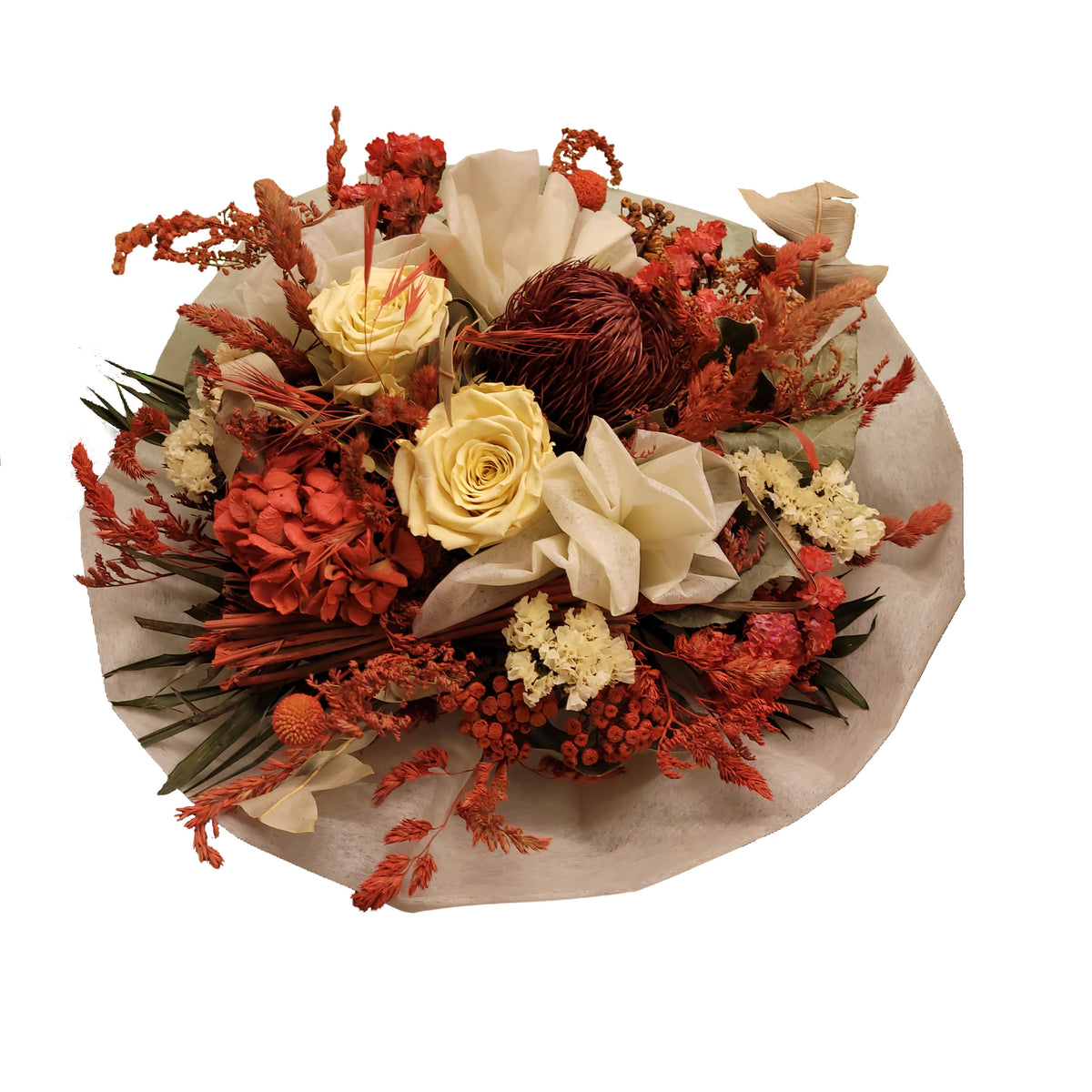 Trockenstrauß Kompakt,Orange, creme, natur – Rosenrot Flora Trans