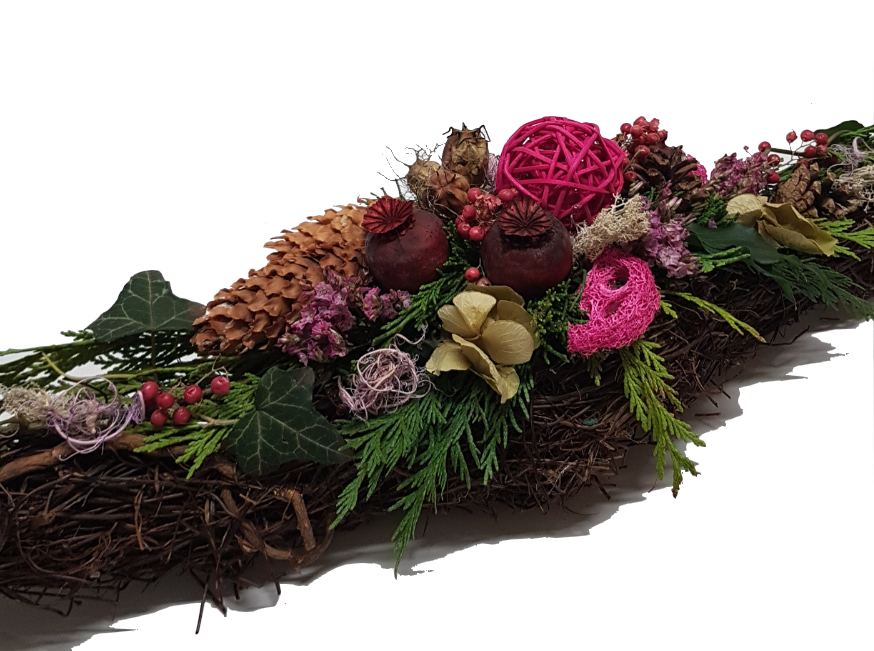 Besonderes Gesteck Allerheiligen rot, pink, weiß