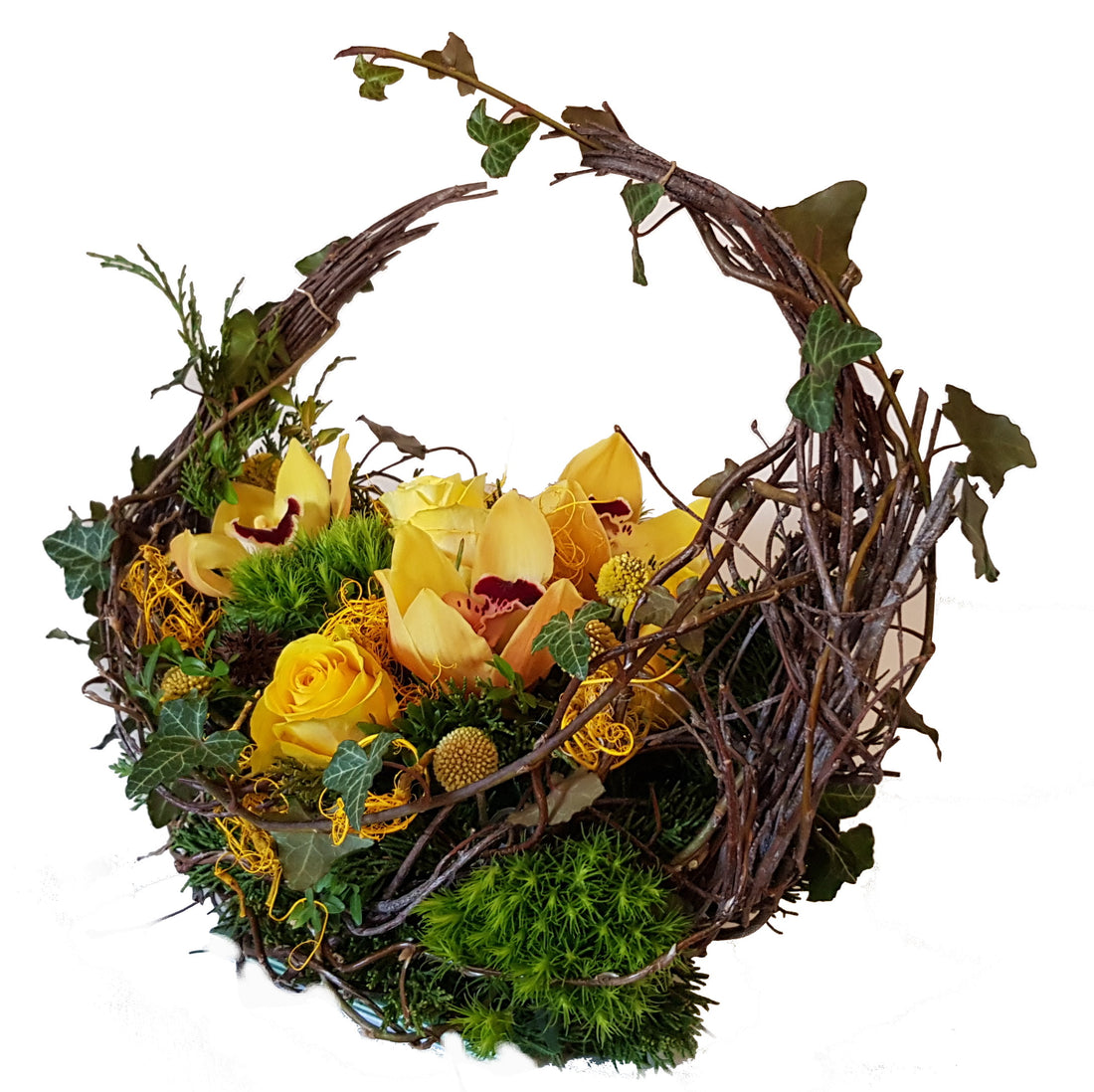 Gesteck besondere Form - Schiffchen - Beerdigung mit frischen Blumen in Gelb