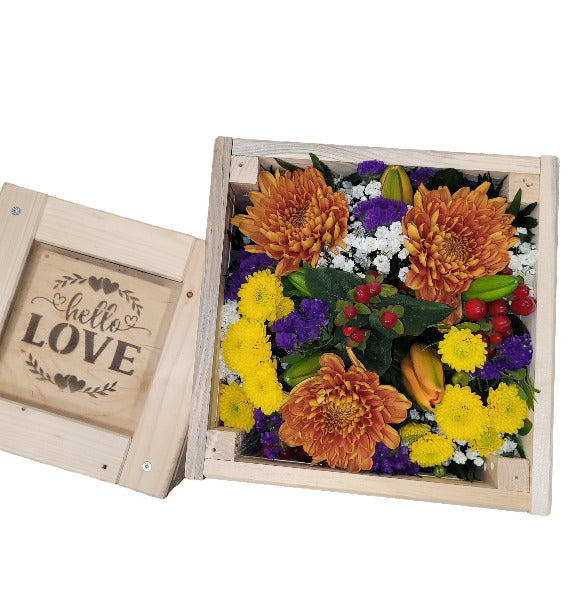 Blumenstrauß in Holzkiste mit Erlebnisfaktor
