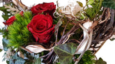 Blumengesteck Friedhof - Sterbetag - mit Roten Rosen - Mix aus Trocken und Frischblumen - echte frische rote Rosen 