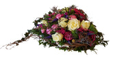Blumengesteck Herz - Grab Bestattung, mit echten Blumen für eine Frau mit Rosa Rosen, pink Freesien, weiß Rosen und lila Akzente