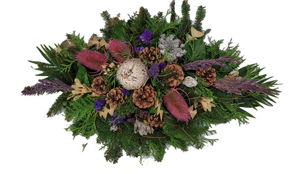 Grabspange Totensonntag, Winter Allerheiligen - in rosa weiß lila - mit Distel, Gräßer Protea, Statice Ahorn