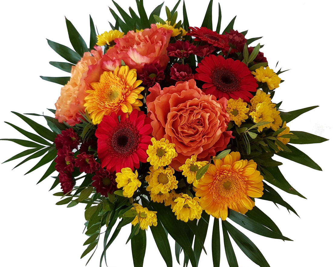 frischer Strauß mit Blumen in gelb,orange und rot  ..Der Blumnbote..
