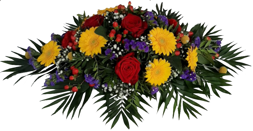 Blumiges Gesteck mit verschiedenen echten Blumen zur Besttatung Rot gelb Lila