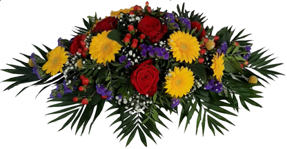 Blumiges Gesteck mit verschiedenen echten Blumen zur Besttatung Rot gelb Lila