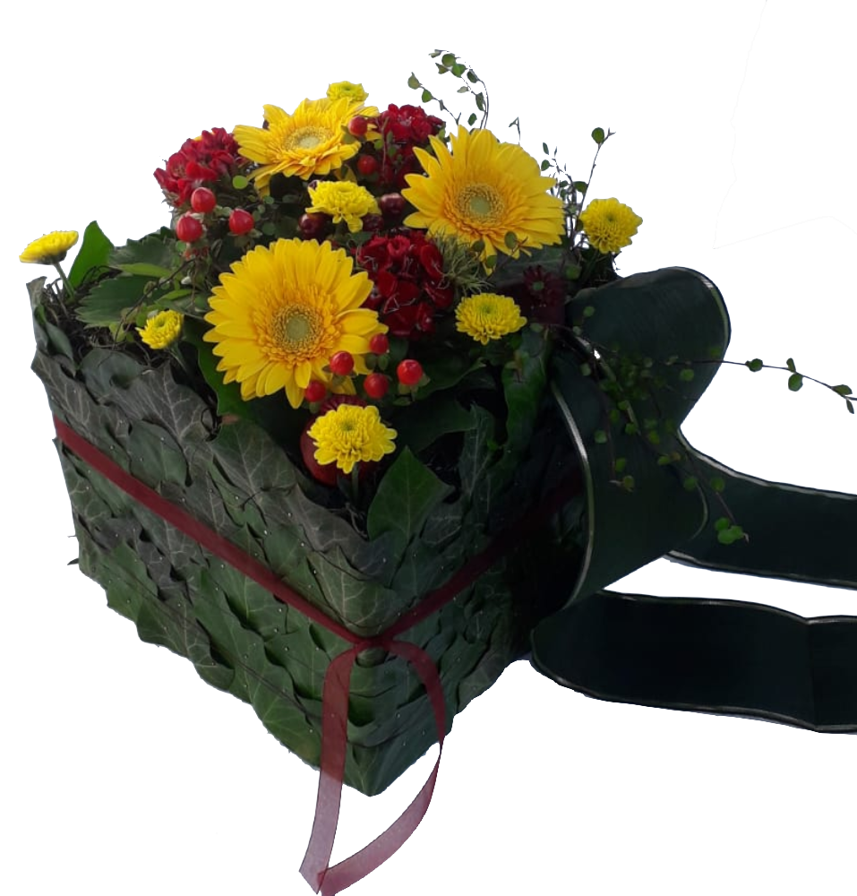 Gesteck Beerdigung in Gelb und Rot mit frischen Blumen