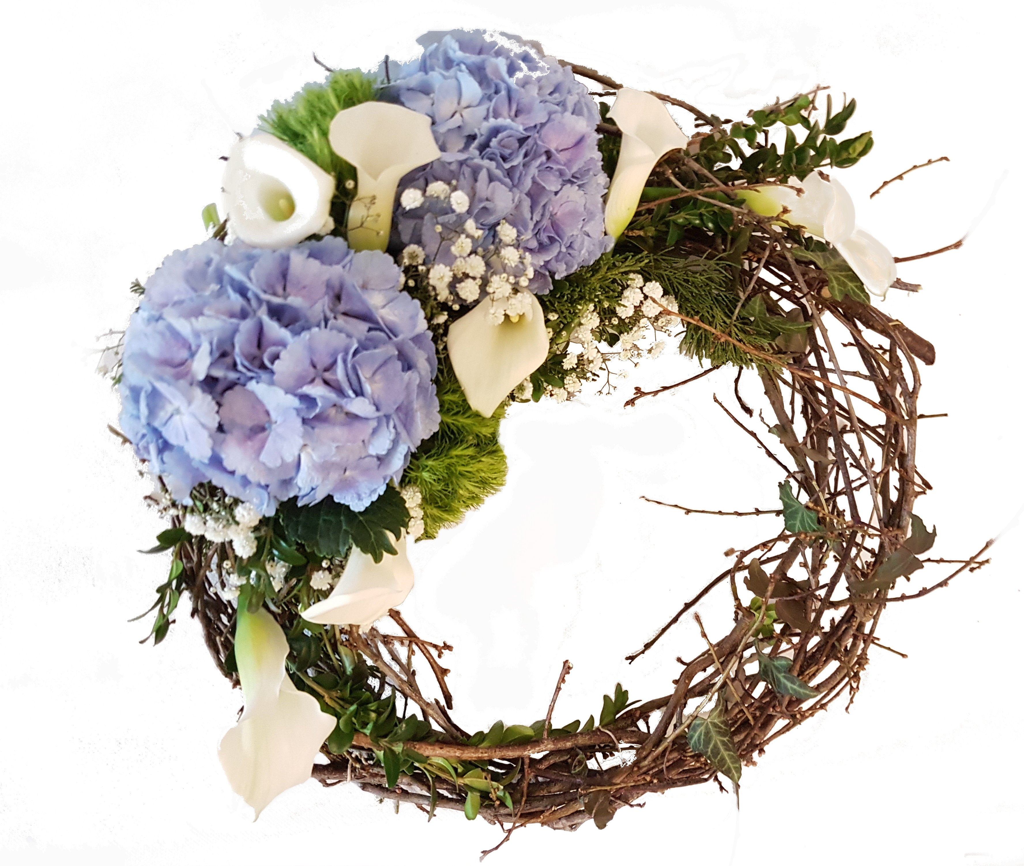 Kranz Beertigung Blau weiß frische Blumen 