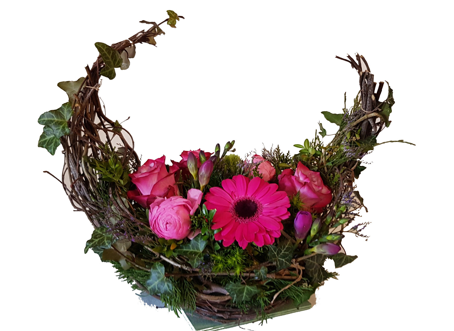 Gesteck zur Bestattung in Pink mit frischen Blumen