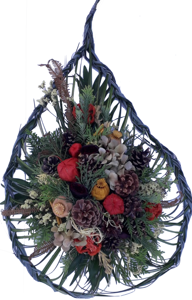 Gesteck Haltbar für Beerdigung und Friedhof - mit Fruchtständen wie Zapfen, Mohn, Hortensie