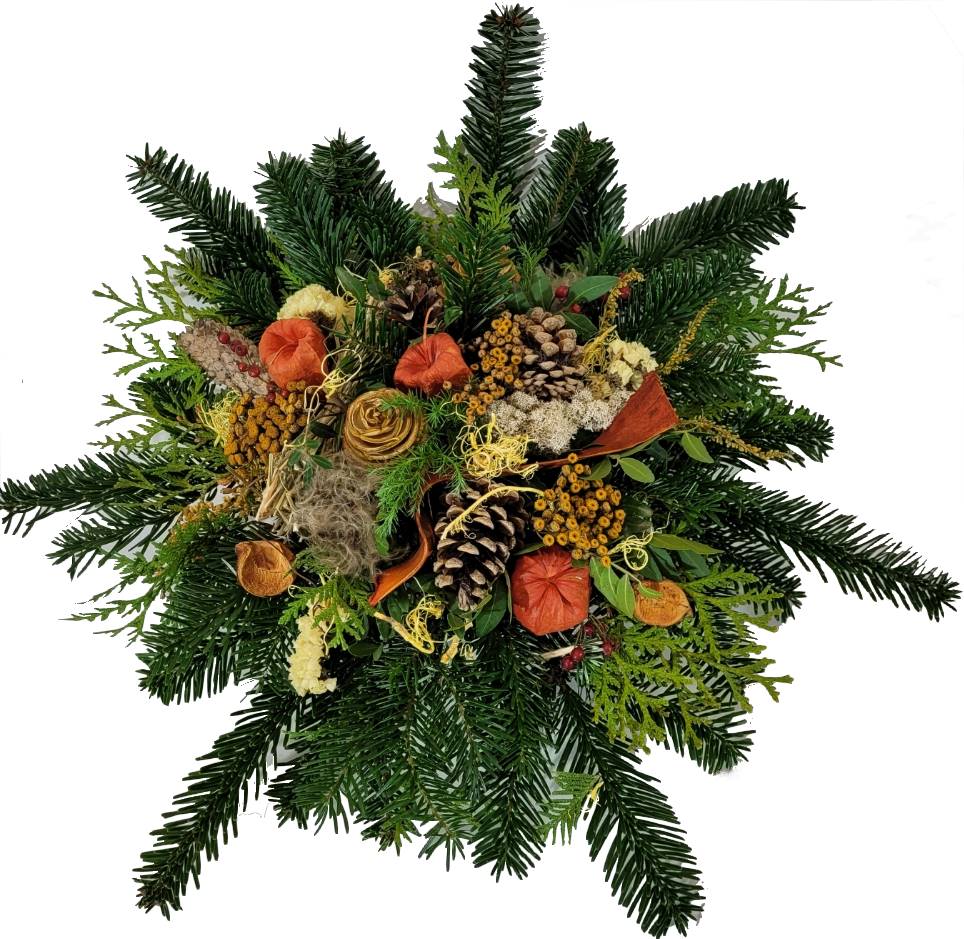 Gesteck Winter - Totensonntag Gelb Orange mit Tanne