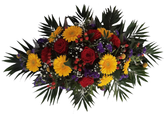 Gesteck frische Blumen zur Beerdigung für Mann mit roten Rosen und gelben Gerberas