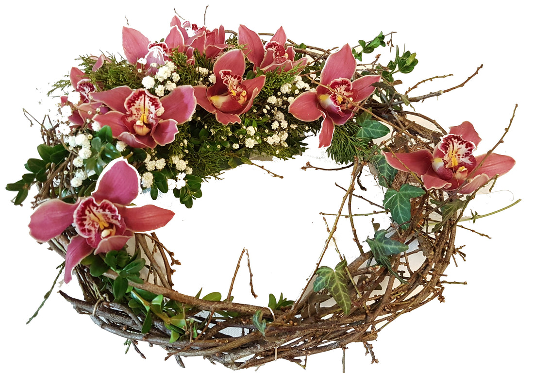 Grabgebinde Kranz rote Orchideen je nach Verfügbarkeit - Cymbiedea oder Phalaenopsis  "Ein würdiger Abschied" Beisetzung