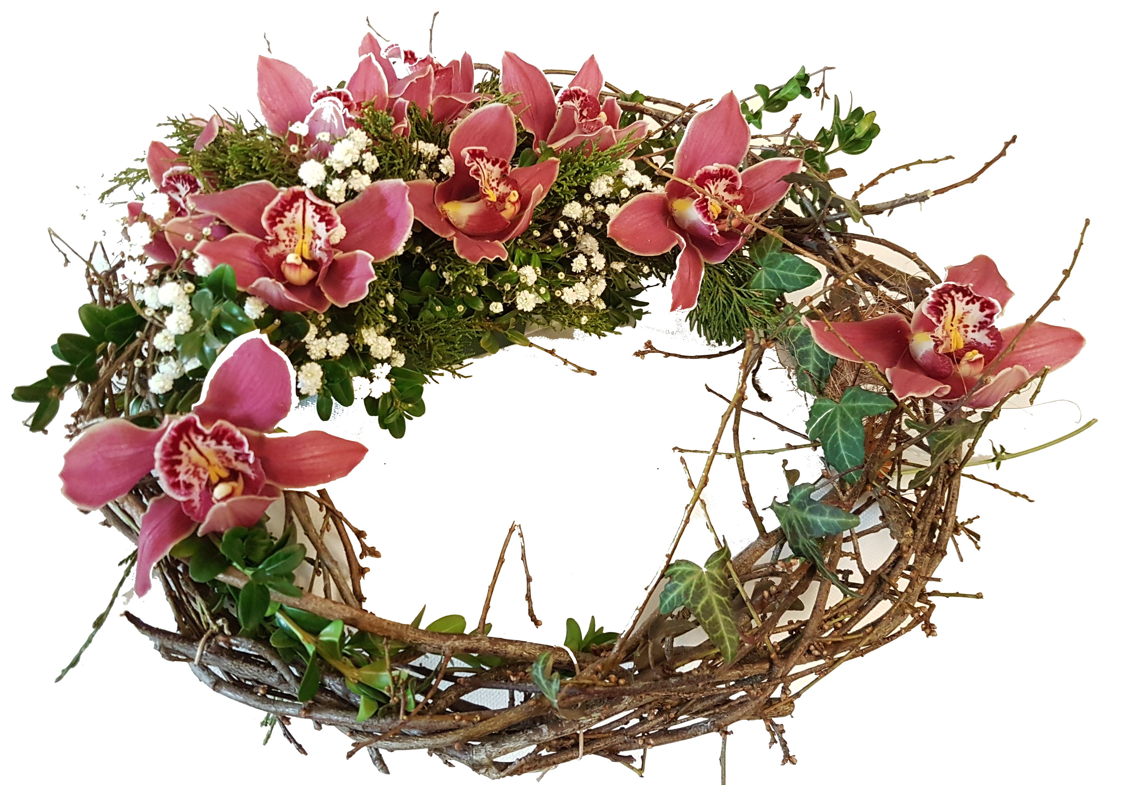 Grabgebinde Kranz rote Orchideen je nach Verfügbarkeit - Cymbiedea oder Phalaenopsis  "Ein würdiger Abschied" Beisetzung