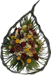 Grabgesteck besondere Fom - modernes Trauergesteck für Grab in Gelb, Rot, Natur