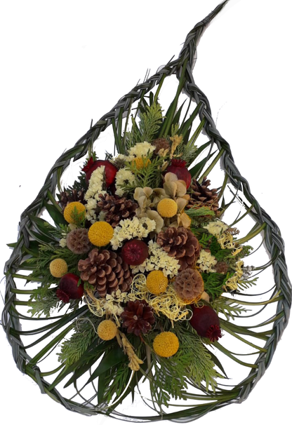 Grabgesteck besondere Fom - modernes Trauergesteck für Grab in Gelb, Rot, Natur