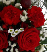 Grabgesteck vom Floristen für Sie gefertigt - mit Roten Rosen und roten Nelken - und Weißen Blüten - Schleierraut, Santini