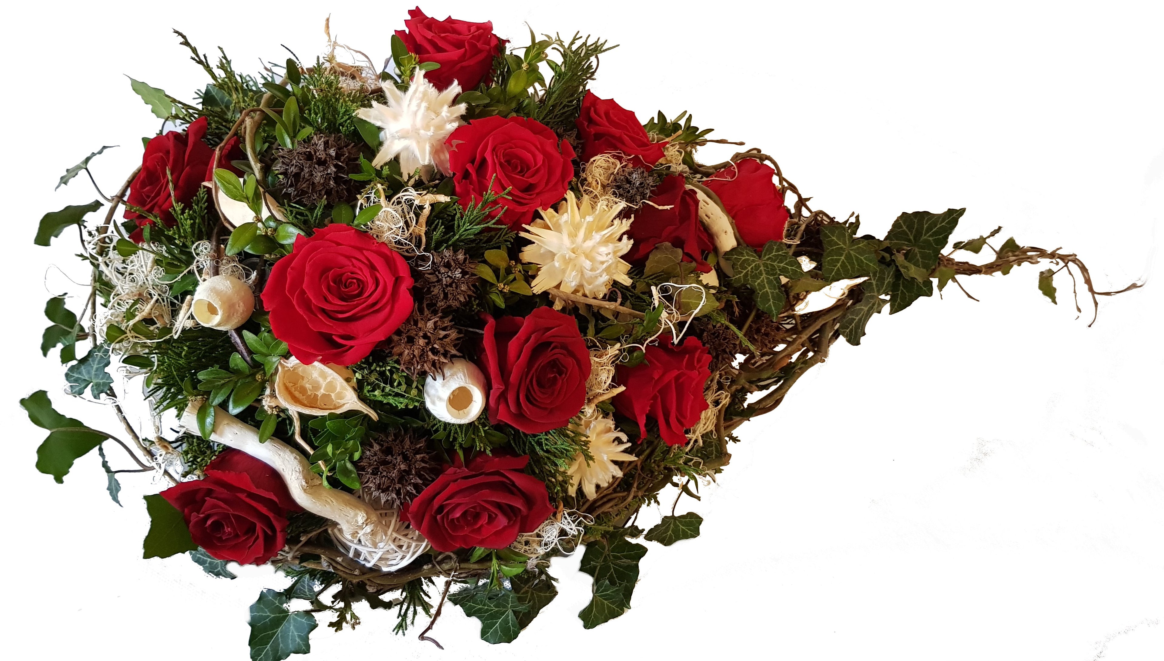 Grabgesteck zur Beerdigung mit Roten Rosen in Rot und Weiß