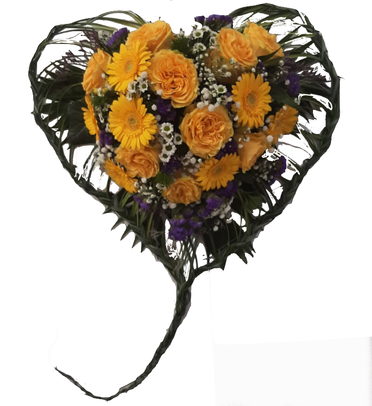 Herz in Gelb zur Beerdigung mit Rosen und Gerberas