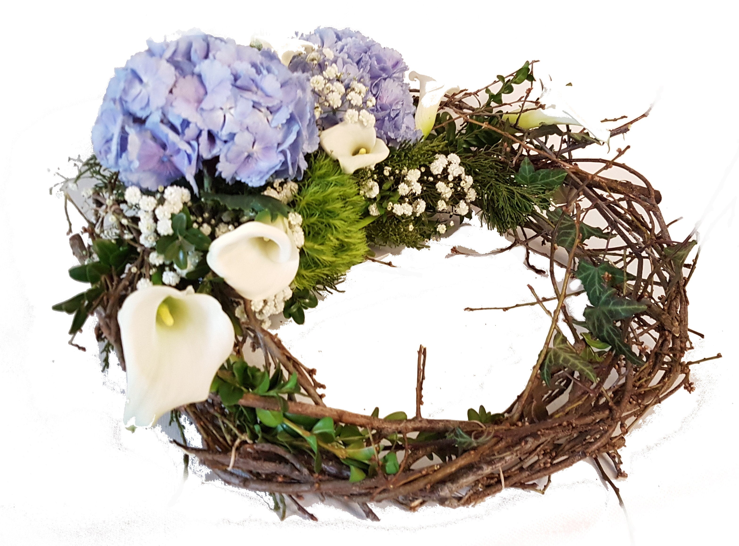 Kranz in Blau Weiß - mit Calla und Hortensie