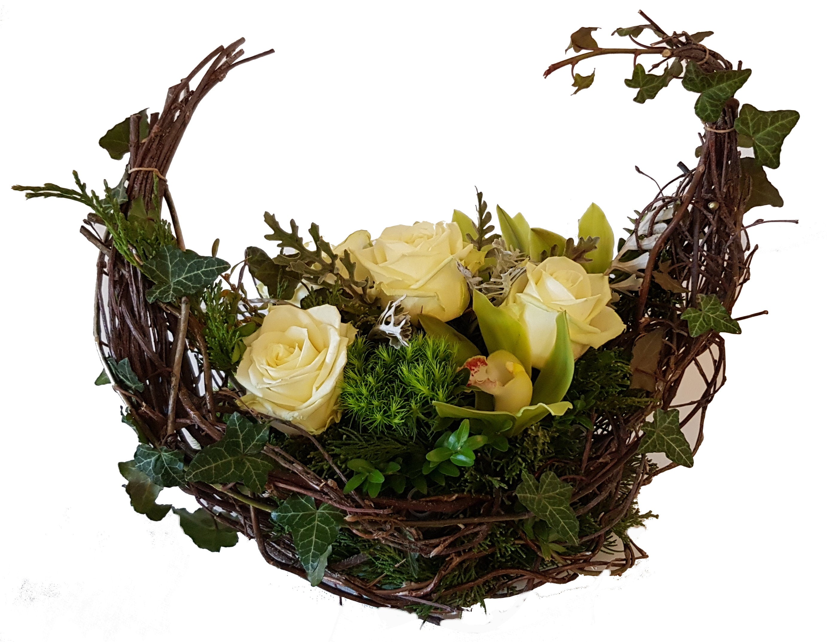 modernes Gesteck Beerdigung mit Rosen und Orchideen