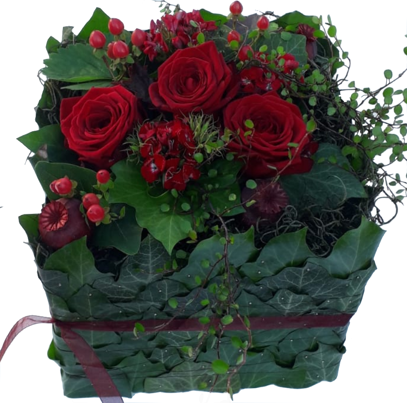 Modernes Grabgesteck mit frischen Blumen wie Rote Rosen zur Beerdigung