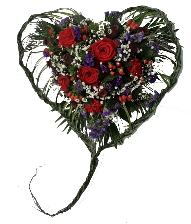 Modernes Gesteck - Herz geflochten - frische Blumen Beisetzung - in Rot Lila weiß - mit Roten Rosen