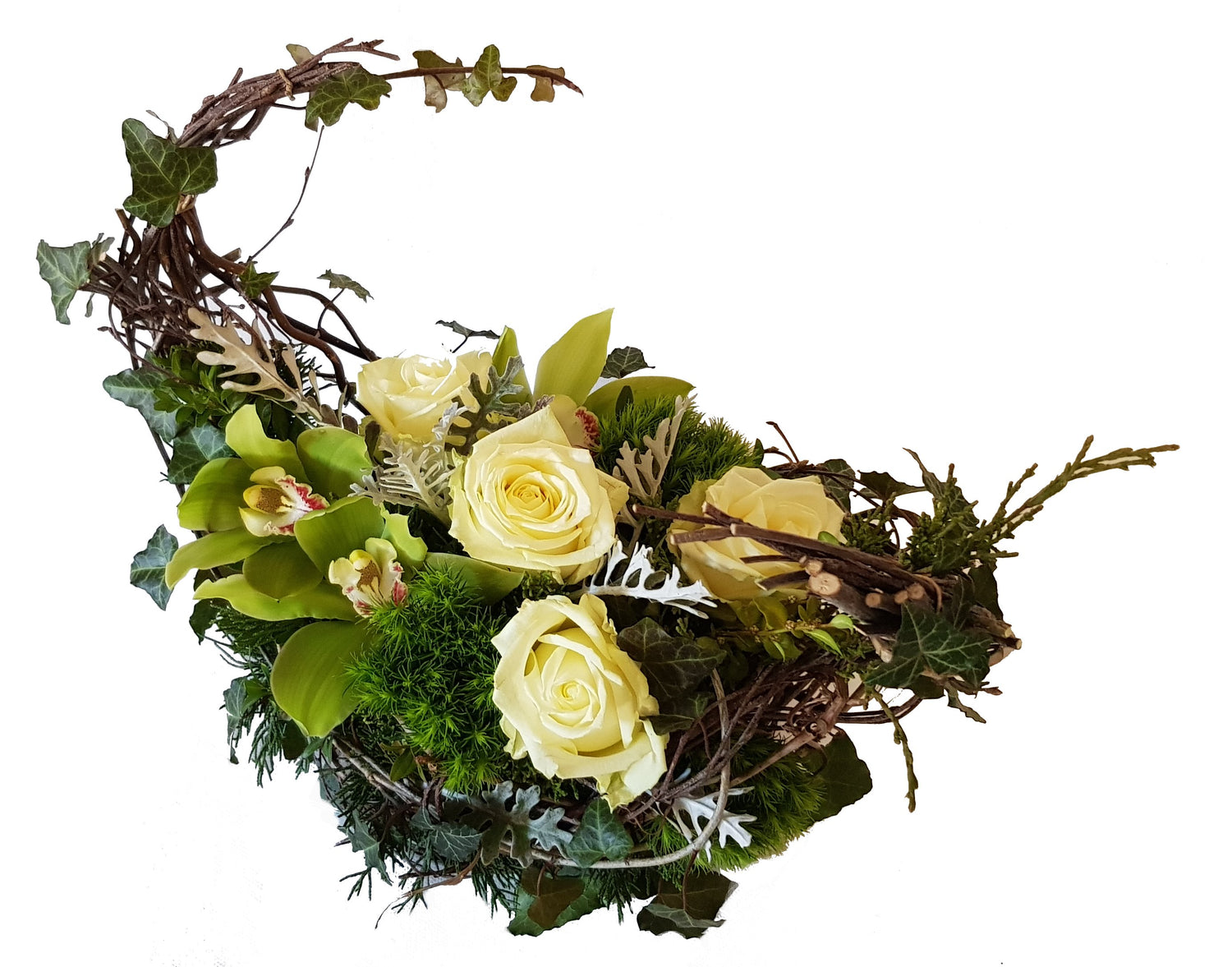 Trauergesteck mit Rosen nd Orchiedden 