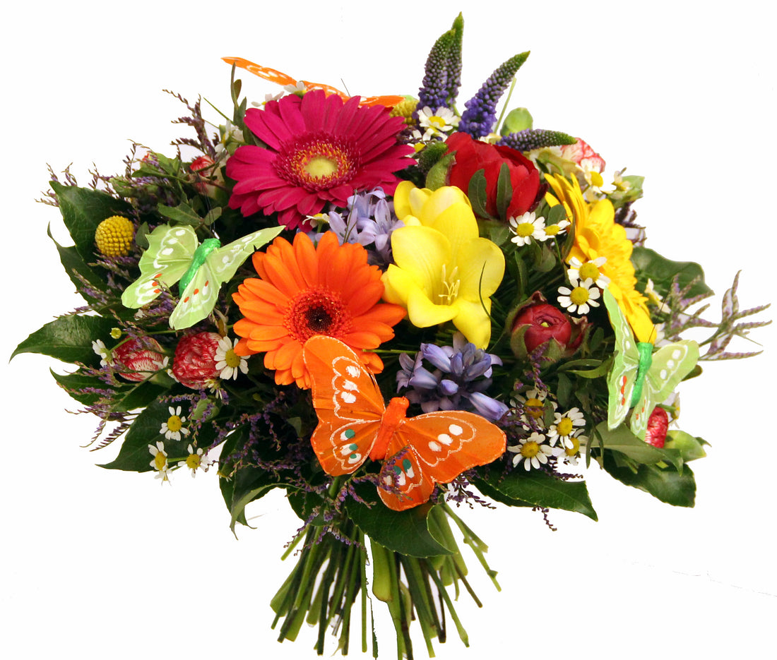 Bunter Blumenstrauß mit Schmetterlingen