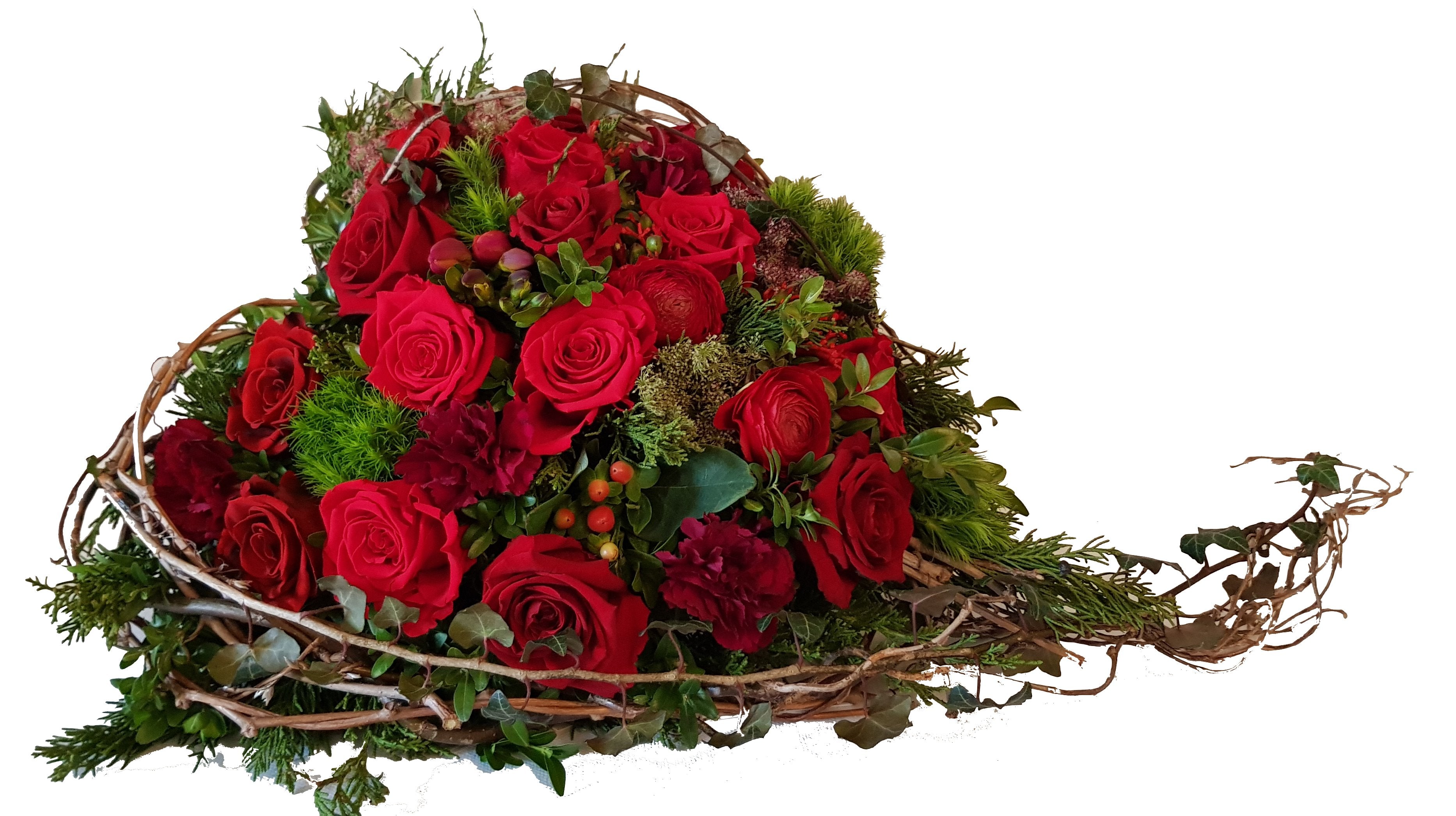 Gesteck Beerdigung Herz in Rot mit roten Rosen