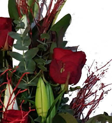 Trauerstrauß mit weißen Lilien und roten Rosen