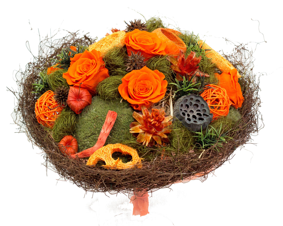 Trockenstrauß orange mit echten gefriergetrockneten Rosen ideal als Geschenk zum Geburtstag, Jubiläum, zur Hauseinweihung